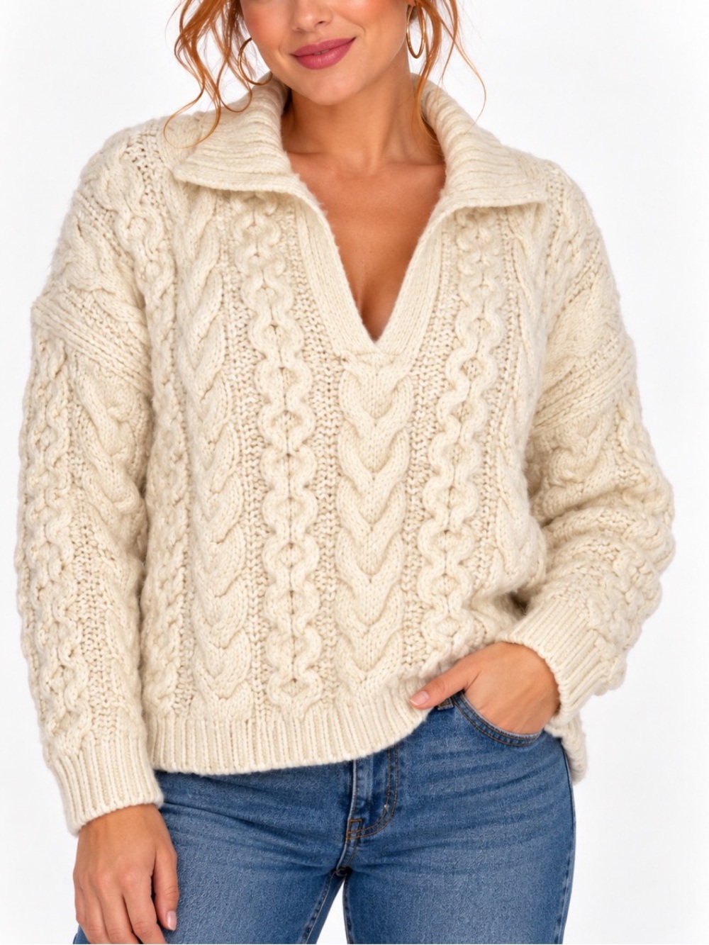 A New Day Cream Cable Knit Collared Sweater- Large
